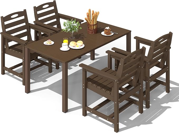Domi HDPE Outdoor Dining Set, All-Weather 5 Piece Outdoor Dining Table Set with 2" Umbrella Hole, Outdoor Patio Dining Set for Garden, Poolside, Backyard, Deck, Brown