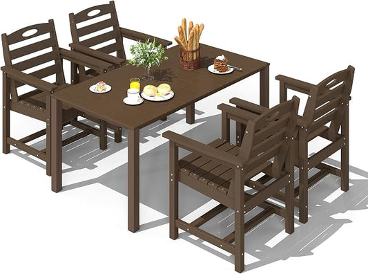 Domi HDPE Outdoor Dining Set, All-Weather 5 Piece Outdoor Dining Table Set with 2" Umbrella Hole, Outdoor Patio Dining Set for Garden, Poolside, Backyard, Deck, Brown