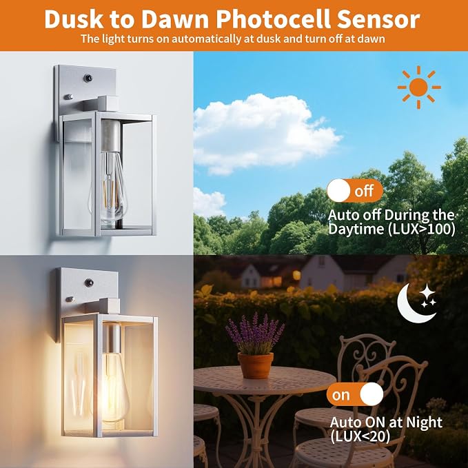 2 Pack Silver Dusk to Dawn Exterior Lighting Fixtures Wall Mount, Sensor Outside Front Porch Lights for House, Outdoor Lantern Lamp, Waterproof Wall Sconce Lights, Coach Light for Garage Entryway