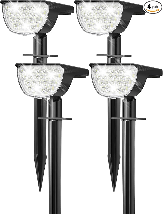GKGG Solar Lights Outdoor Waterproof IP65, Solar Powered 76 LED 3 Lighting Modes Solar Spot Lights Outdoor for Yard Garden Landscape Pathway (Cool White, 4 Pack)