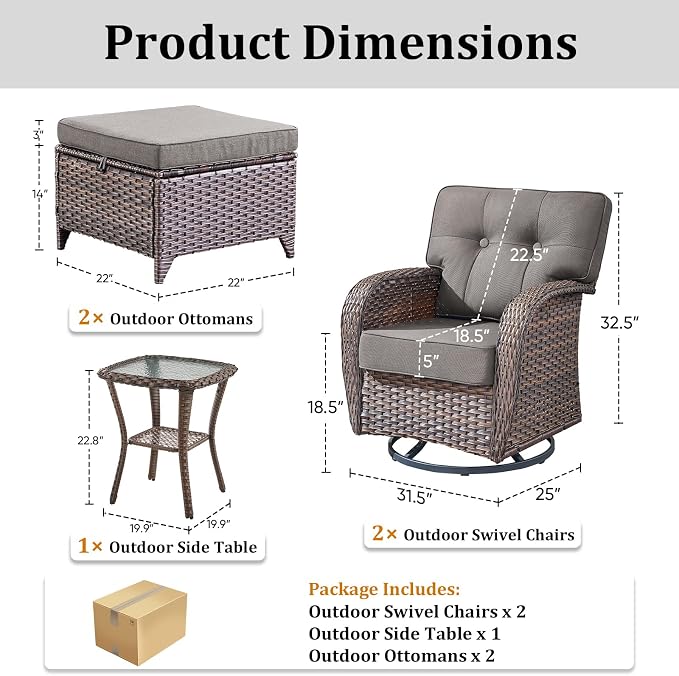 Patio Furniture Set, 5PCS Outdoor Wicker Conversation Set, High Back Rattan Sofa & Swivel Rocker Chairs, Weather Resistant Olefin Fabric for Garden, Poolside Brown/Grey