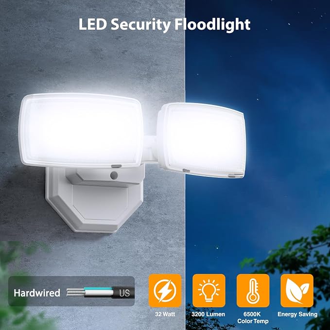 Onforu 3200LM Flood Lights Outdoor, 32W 6500K LED Security Light Switch Controlled, IP66 Waterproof Outdoor Lights, Wall Mount Exterior Flood Light with 2 Adjustable Heads Floodlights Outside