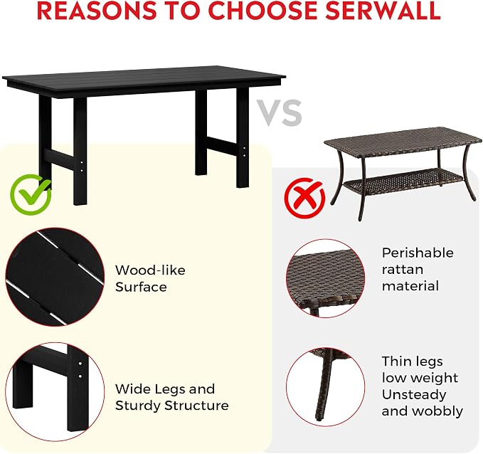 Costaelm Palms 6-Piece Outdoor HDPE Patio Dining Table Set with Bench, Black