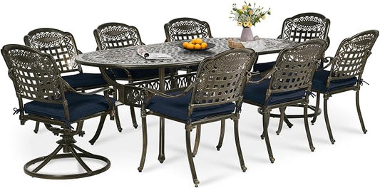 9-Piece Patio Dining Set, Outdoor Patio Table and Chair Set of 84” Oval Cast Aluminum Dining Table with Umbrella Hole, 6 Stationary, 2 Swivel Rocker Chairs, Patio Funiture Set, Navy