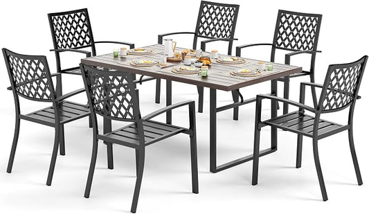 SUNSHINE VALLEY Patio Dining Set,Wood-Like Metal Table w/Umbrella Hole | 60x36 Metal Table&6 Pcs Rust-Proof Stackable Chairs, Outdoor Table and Chairs Set for Backyard Garden Deck