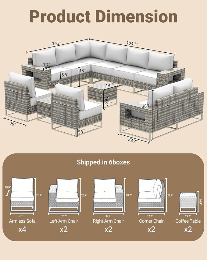 Outdoor Patio Furniture Set 12-Piece PE Rattan Wicker Outdoor Sectional Sofa with Thickened Cushions and Chunky Arms, Modern Modular L-Shaped Conversation Set for Garden, Backyard, White