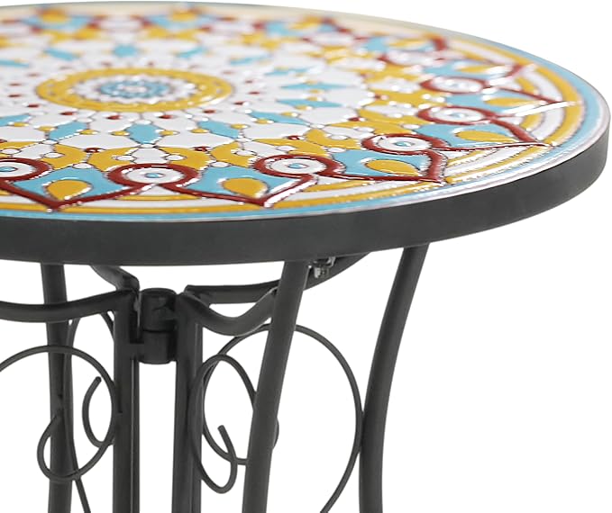 Christopher Knight Home Glady Outdoor Round Side Table, Patio Bistro Table with Ceramic Top and Metal Frame, Small Decorative Accent Table for Patio Garden Porch Balcony, Mandala