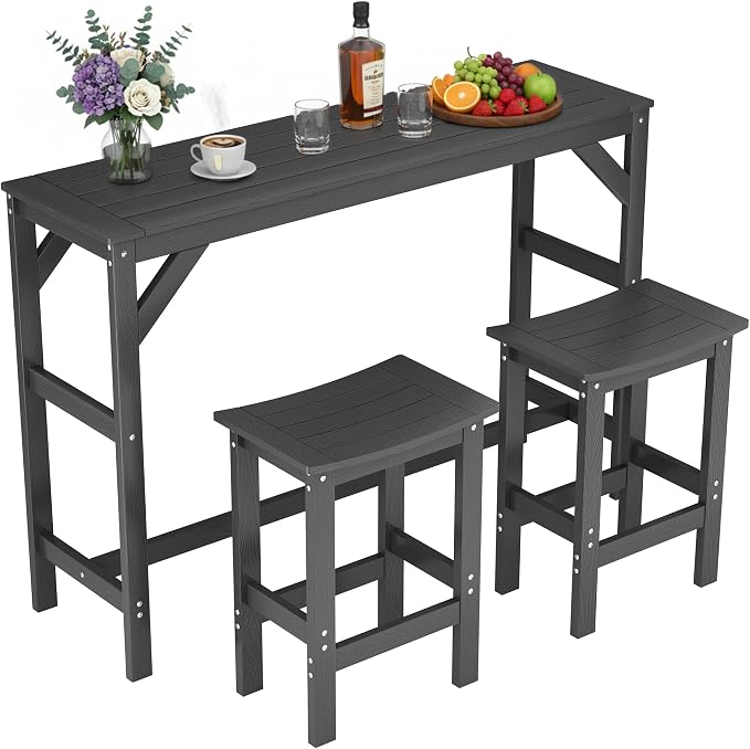 3Pcs Poly Lumber Outdoor Patio Bar Set, All Weather HIPS Bar Table and Chairs Set for Outside, 55" Rectangular High Top Bar Table with 2 Bar Stools for Patio, Poolside, Balcony, Hot Tub, Black