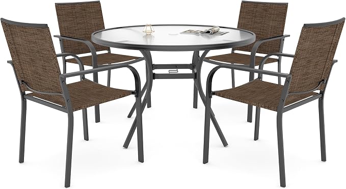 Outdoor 40" Round Glass Table and Brown Stackable Chairs Patio Dining Set 5 | 4 Piece Stackable Chairs Textilene Seat and Back, Table and Chair with Metal Frame, Round Glass Table Top, 1.7" Umbrella Hole