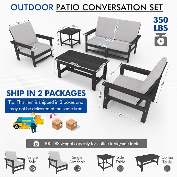 3-Piece HDPE Patio Furniture Set, All-Weather Outdoor Sectional Sofa Set with Side Table & Cushions - Wood-Like Composite Conversation Couch for Deck, Lawn, Balcony - Black Frame