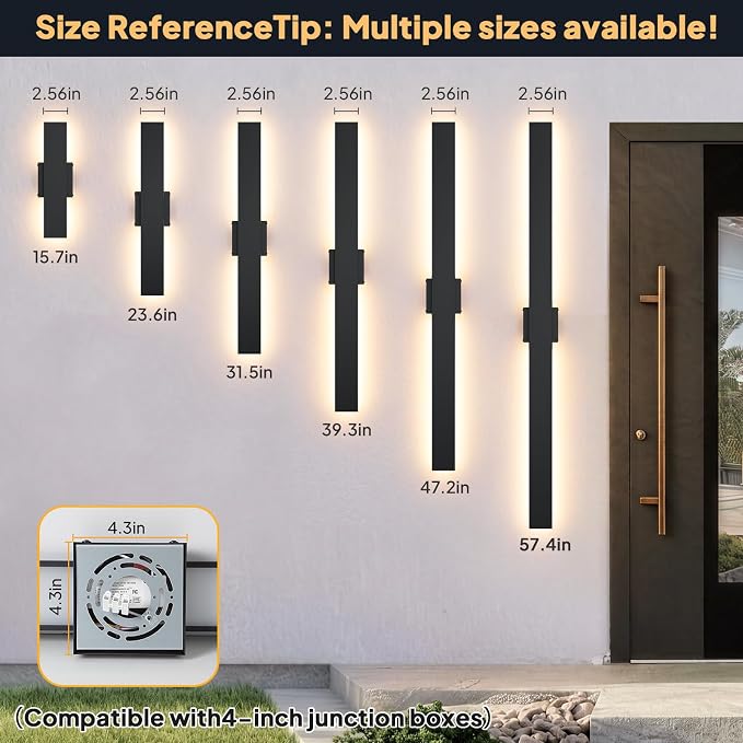2 Pack LED Outdoor Wall Lights Dimmable, 3000K/4500K/6000K, 39.3" Modern Black Outdoor Wall Sconce, Linear IP65 Waterproof Exterior Wall Light Fixture for Entrance, Hallway, Garage, Porch
