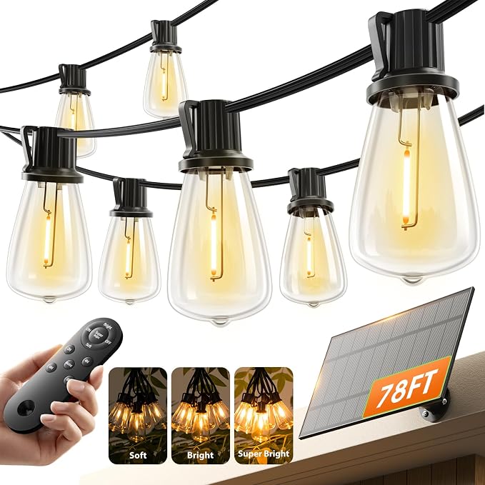 KYY 78FT(72+6) Solar String Lights Outdoor with USB Port Remote Control | LED Waterproof Solar Powered Patio with 24 Sockets, Heavy-Duty and UL Listed Porch Market Lights