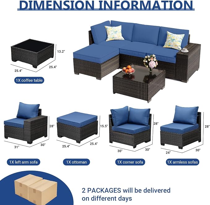 JOYURE 5 Pieces Patio Furniture Set, Outdoor Sofa with Waterproof Cushions, Rattan L Shaped Patio Couch & Coffee Table, Modern Outdoor Furniture for Backyard, Deck, Balcony – Navy