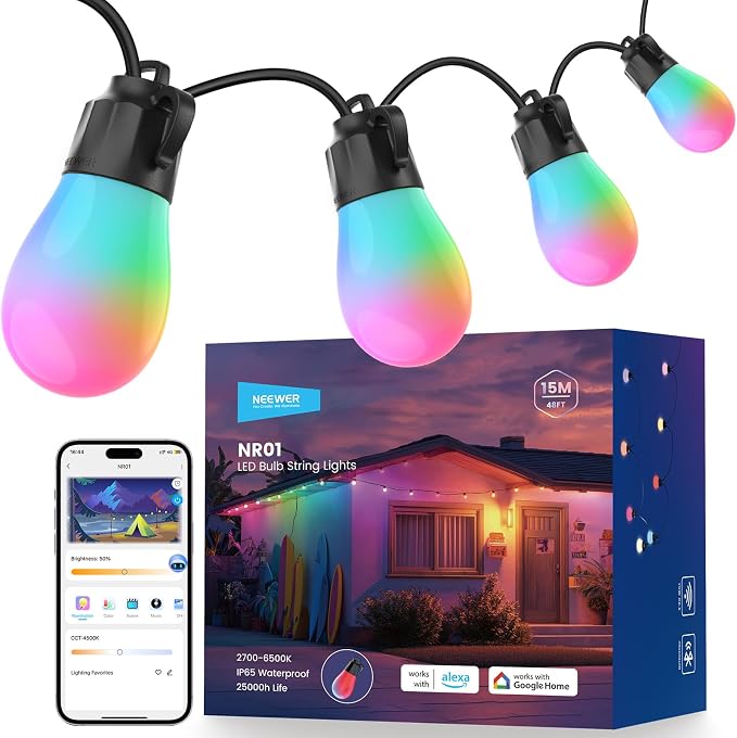 NEEWER 48ft Outdoor String Lights, App Control Smart AI RGB IC W Hanging Outside Patio Balcony Backyard Holiday Lighting, IP65 Waterproof, 15 LED Bulbs, 50+ Scenes, Compatible with Alexa Google, NR01