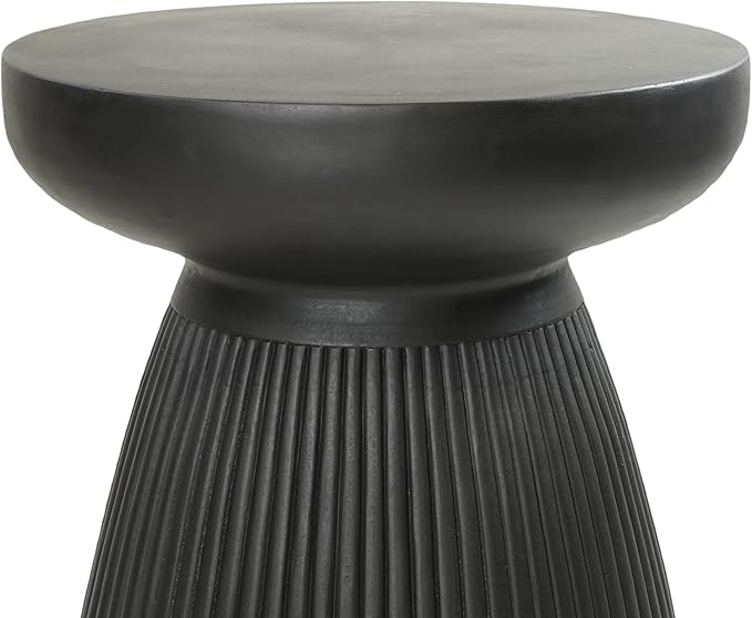 Christopher Knight Home Round Side Table, Outdoor Concrete End Table, Vertical Texture Accent Table, Decorative Side Table, Stylish End Table for Patio Balcony Beach Pool Side, Matte Black