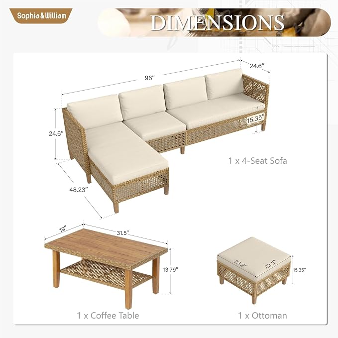 Sophia and William Wicker Patio Furniture Set, L-Shaped Outdoor Sectional Sofas with Ottoman and Acacia Wood Coffee Table, Rattan Outdoor Conversation Set wtih Beige Cushions(6 Seats)
