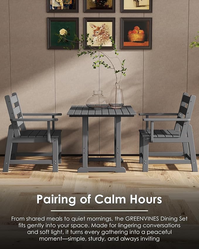GREENVINES 5-Piece-Outdoor-Dining-Set | HDPE | Square | Patio Furniture | All Weather | Removable Armrests | Slatted Table and Chairs Sets for 4 | for Backyard Poolside Garden | Grey