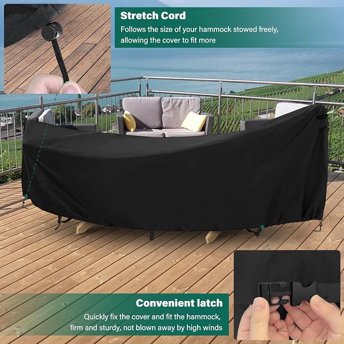 AKEfit Hammock Cover,400D Upgraded Waterproof Hammock Cover for 11-12 Ft Hammock with Including Adjustable Buckle Strap,150" L x 59" W x 31" H-Black
