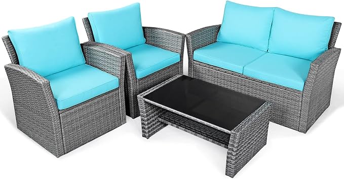 RELAX4LIFE 4-Piece Patio Conversation Seat - Wicker Sofa Set w/Seat & Back Cushions, Coffee Table w/Tempered Glass Tabletop, Outdoor Rattan Sofa Set for Backyard, Porch (Turquoise)