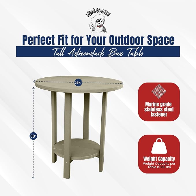 Phat Tommy Round Bar Height Patio Table - Outdoor Bar Table - Balcony Height Patio Furniture for Your Deck - Poly Outdoor Furniture, Weatherwood