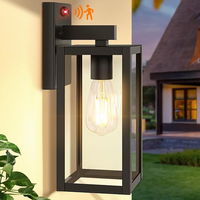 13" Upgraded Motion Sensor Outdoor Wall Light Fixture, Black | Auto ON/OFF, 3 Lighting Modes, Waterproof, Rust-Resistant, Durable Metal & Clear Glass, Standard E26 Sockets, Easy to Install