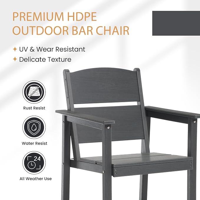 4 Pack Outdoor Bar Stools, HDPE Patio Bar Chairs with Armrests & Footrest, Weather Resistant All-Weather Counter Height Chairs for Outdoor Deck, Backyard, Poolside,Grey