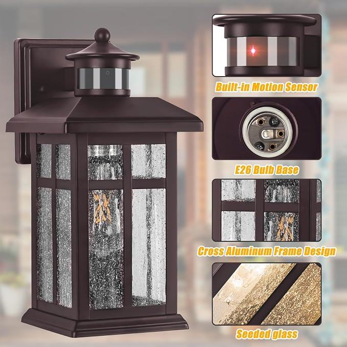 Exterior Light Fixtures Motion Sensor Wall Mount Oil Rubbed Bronze | Exterior Wall Mount with E26 Sockets & Tempered Glass, Waterproof Outdoor & Indoor Lights for House, Porch, Garage, White