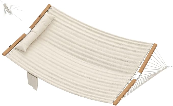 Outdoors 2-Person Hammock with Pillows & Pad Cream White Beechwood Spreader Bars 128in L 440lb Capacity