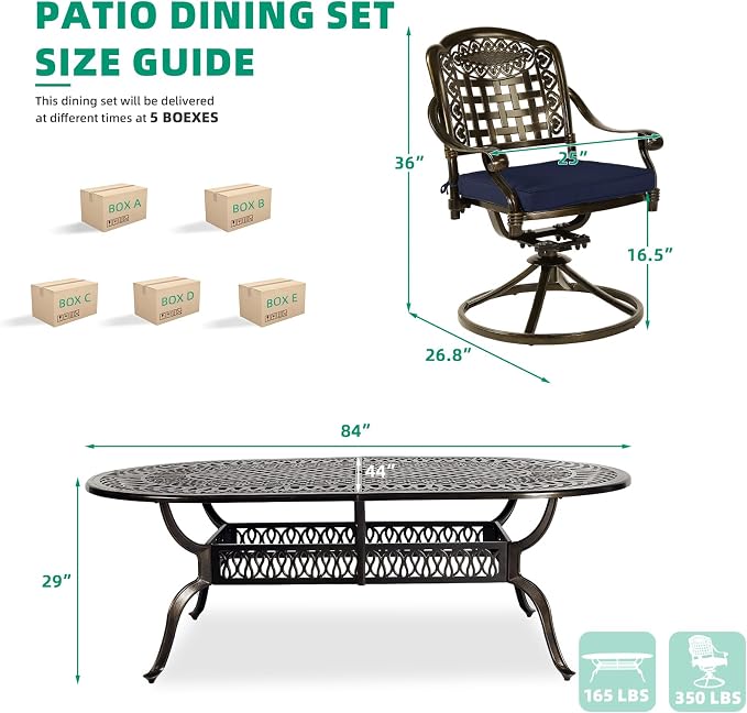 VIVIJASON 9-Piece Outdoor Patio Furniture Dining Set, All-Weather Cast Aluminum Conversation Set, Include 8 Swivel Dining Chairs and an Oval Table with Umbrella Hole, Navy Blue Cushion