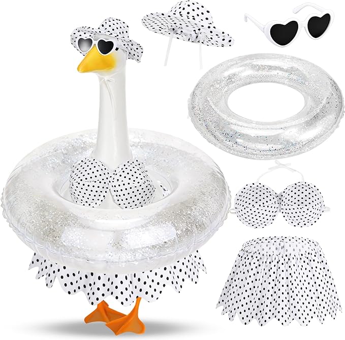 Hawaiian Porch Goose Outfits Summer Bikini Goose Outfit Fits 23" Goose Statue with Hat Sunglasses & Swimming Ring for Cement Yard Decor(White)