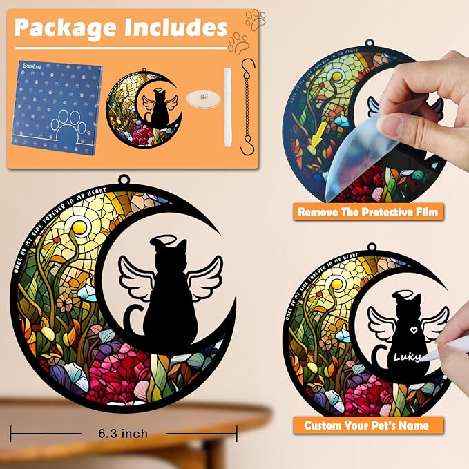 BamLue Cat Memorial Suncatcher for Windows Memorial Ornament, Pet Sympathy Gift to Memorialize The Loss, Angel Cat Sun Catchers with Personalized Decorations in Loving Memory for Loss