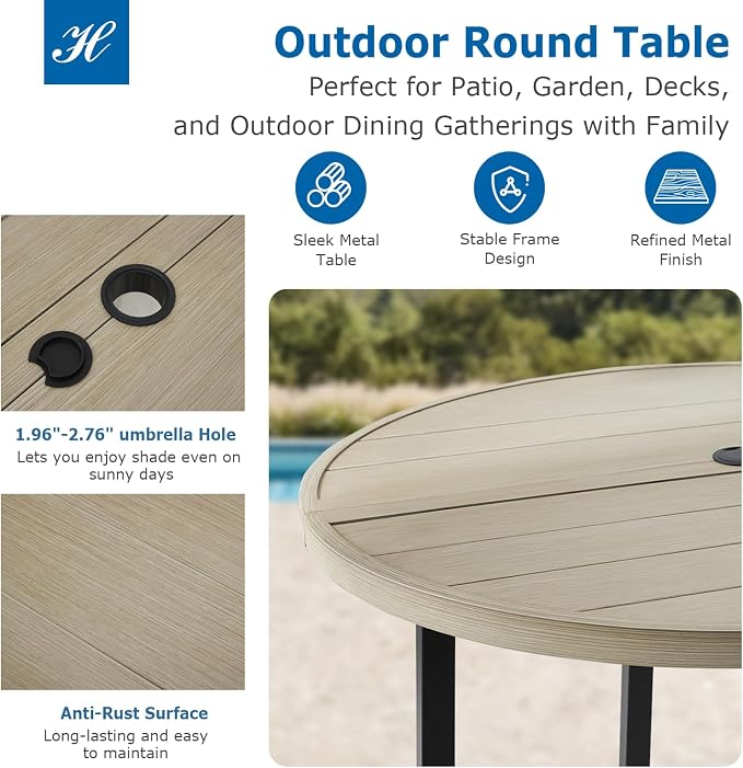 5 Piece Patio Dining Set for 4, 42” Honey Oak Round Table with Umbrella Hole and 4 Blue Patio Stackable Chairs, Patio Table and Chairs for Backyard, Lawn, Deck & Garden