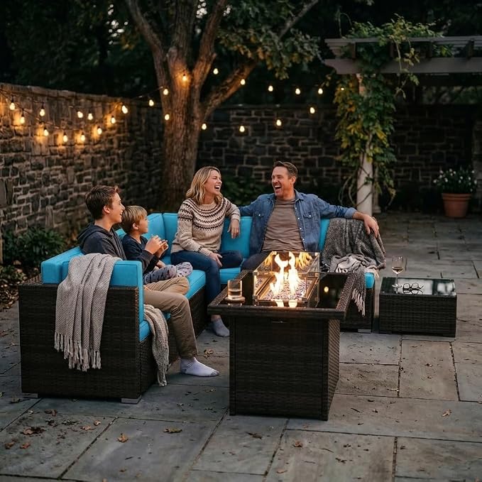 8 Pieces Patio Furniture Set with 44" Propane Gas Fire Pit Table, Outdoor Sectional Wicker Conversation Sofa Sets with Coffee Table