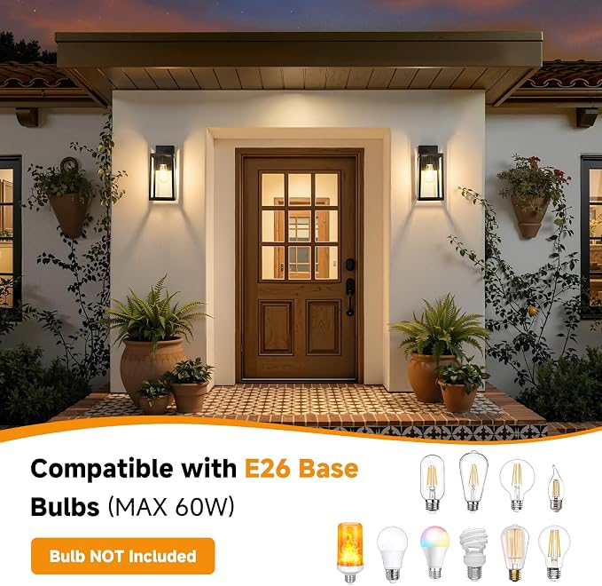 SHINE HAI Dusk to Dawn Sensor Outdoor Wall Sconce, Exterior Porch Lantern Fixture with E26 Socket & Glass Shade, Waterproof Wall Mount Lighting for Patio Front Door Entryway