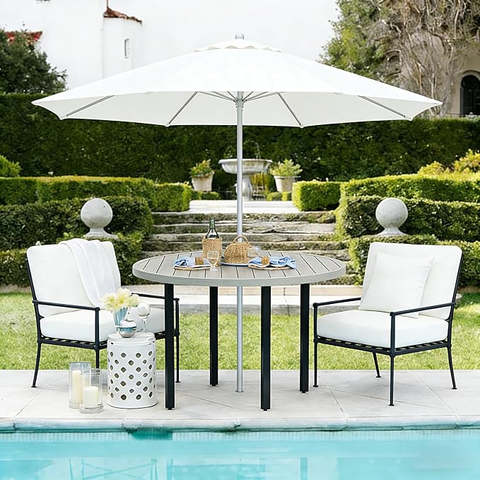All-Weather 42" Round Outdoor Patio Table for 4, Metal Ivory Dining Table with Adjustable Umbrella Hole, Garden, Backyard & Deck Bistro Table