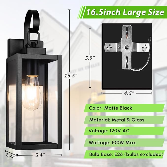 BesLowe 16.5" Large Outdoor Wall Light Fixture, Modern Porch Sconce, Black | Waterproof, Rust-Resistant, Durable Metal with Clear Glass, Standard E26 Socket, Easy to Install