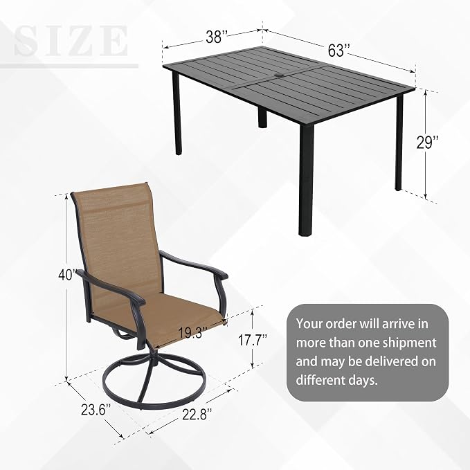 Anmutig 7-Piece Outdoor Patio Dining Set with 6 Swivel Chairs, Outdoor Furniture Steel Frame Slat Rectangular Table with 1.57" Umbrella Hole for Backyard, Brown