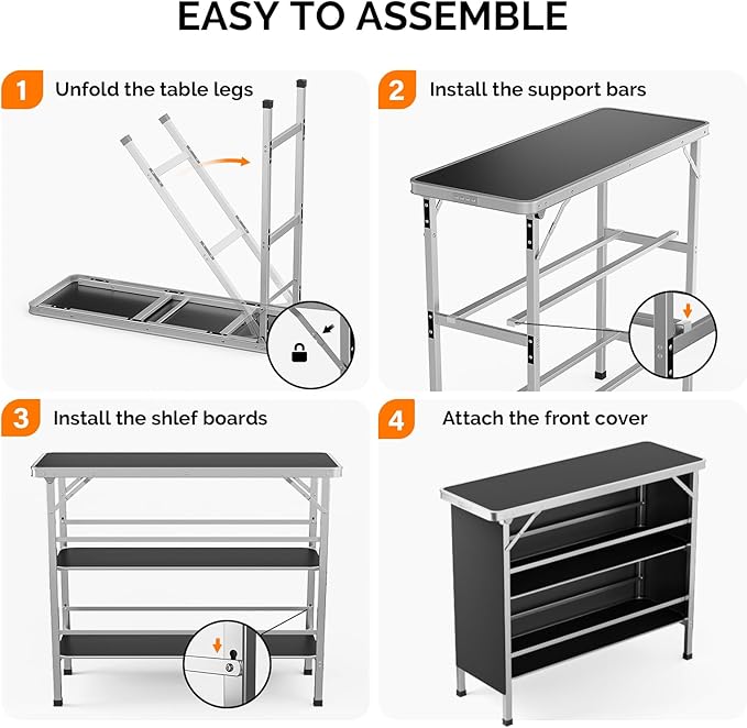 VINGLI 43" Portable Bar Table, 3-Tier Shelves, Carry Bag，Mobile Bar Table for Events, Party, Camping, Picnic, Tradeshow, Outdoor & Indoor with Black Skirt(2, 43") (2) (Black-2P, 43")