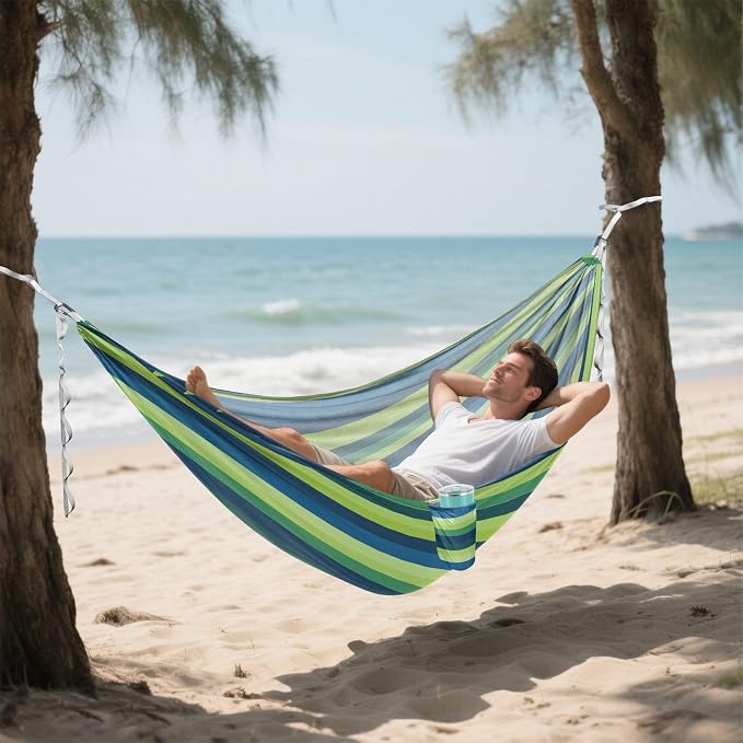 Camping Hammock Outdoor Hammocks for Outside Green Blue Stripe Beach Trees Portable Lightweight with Pockets Tree Straps Indoor
