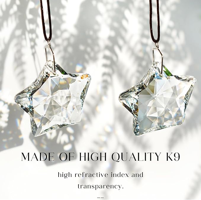 2 Pcs 2 Inch Clear Crystal Star Prism Suncatcher Hanging Decor | Clear Crystal Sun Catcher Prisms Star Shaped Hanging Pendants Set of 2 for Chandelier Patio Garden Window Home Wedding Decor