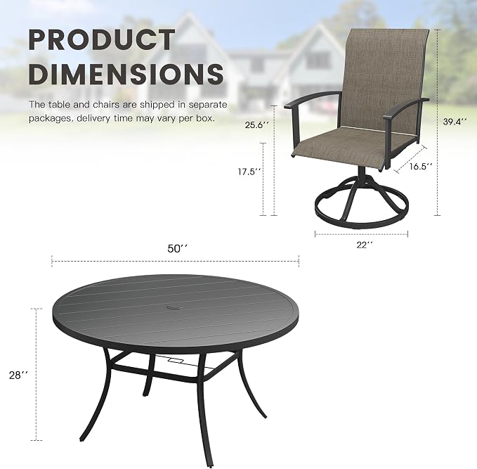 7 Pieces Round Patio Dining Set, Outdoor Furniture of 50" Round Patio Table and Patio Swivel Chairs for Backyard Lawn Garden, Black Table and Mixed Brown Chairs