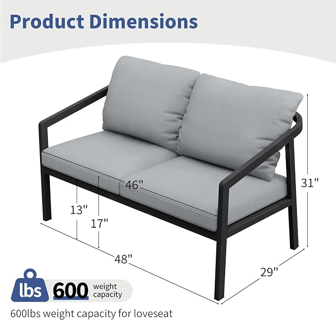 Outdoor Patio Loveseat Sofa, Aluminum 2-Seater Conversation Set with Washable Thick Cushions, Never-Rust Modern Garden Couch Bench for Porch, Poolside, Backyard (Black+Grey)