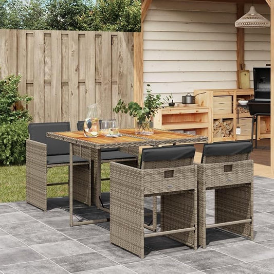 5-Piece Patio Dining Set with Gray PE Rattan Furniture, Acacia Wood Table and Removable Cushions for Outdoor Garden Backyard Balcony