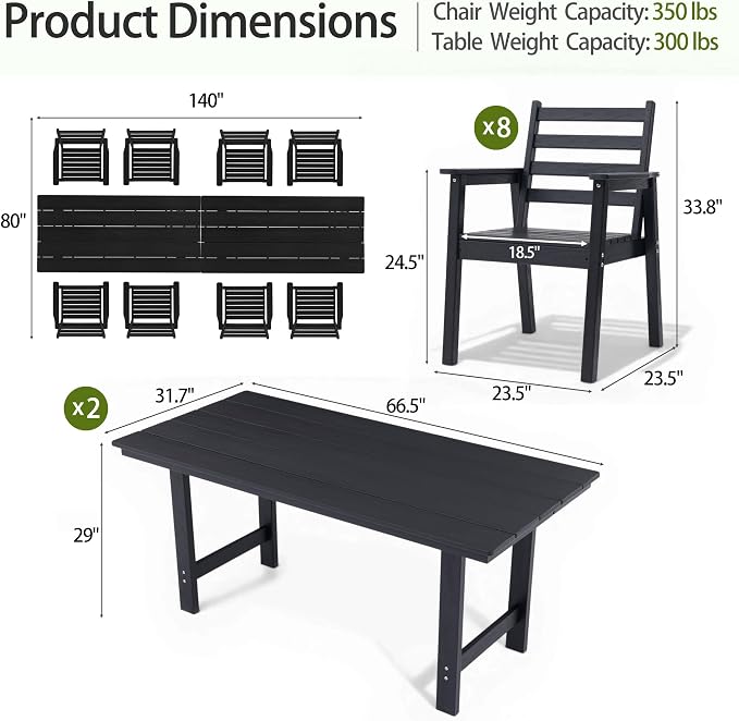 10-Piece Outdoor Dining Set, All-Weather HDPE Patio Furniture, Two 66.5" Slatted Table with 1.6" Umbrella Hole & 8 Ergonomic Armchairs, Heavy Duty 350lbs Capacity, UV Resistant, Black