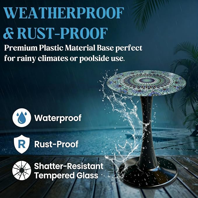 13.4" Outdoor Side Table, Round Patio Bistro Table Printed Tempered Glass Top, Waterproof Rust-Proof Base, Small Plant Stand for Balcony, Garden, Deck, 21.6" H (Blue Morocco)