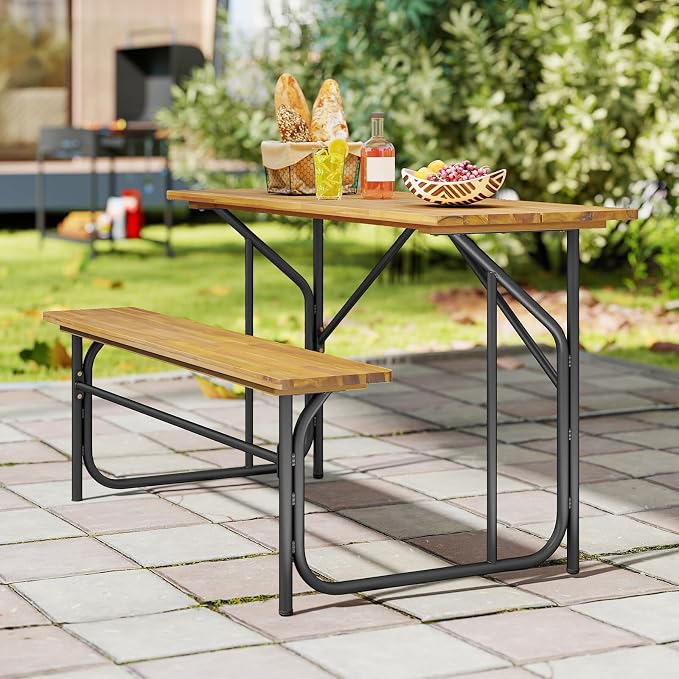 HAPPYGRILL Picnic Table Bench Set for 4, Acacia Wood Dining Table and Bench Set with Heavy Duty Metal Frame, for Patio, Porch, Garden and Backyard
