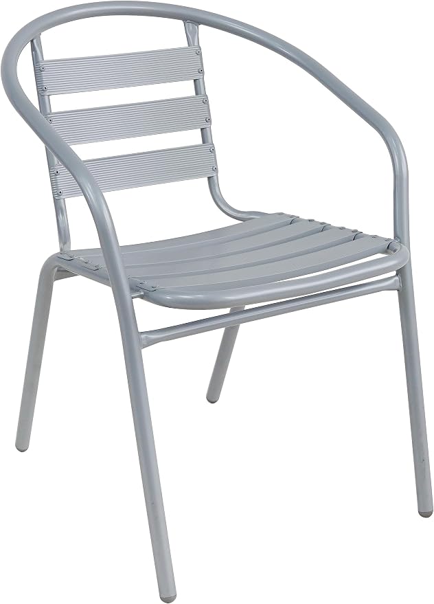 BTEXPERT Indoor Outdoor 27.5" Square Restaurant Table Stainless Steel Silver Aluminum + 4 Silver Gray Metal Aluminum Slat Stack Chairs Commercial