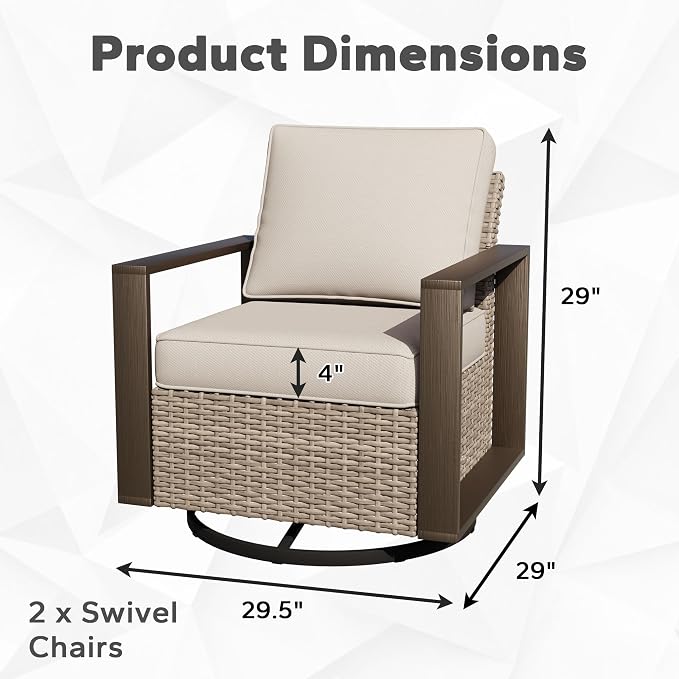 Joyside Outdoor Patio Swivel Rocker Chairs Set, 2 Pieces Wicker Rattan Chairs with Metal Wide Armrest, Thick Cushions and Deep Seating for Garden, Backyard, Porch, Deck