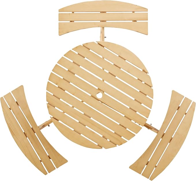6 Person Wood Dining Table, Outdoor Round Picnic Table with 3 Built-in Benches, Umbrella Hole, Outside Patio Backyard Table and Bench Set, 500lbs Capacity Per Bench (Oak)