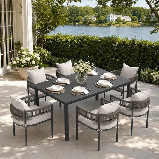 VICLLAX Patio Dining Set, 63" Black Table & 6 Chairs with Wheat Cushion | Outdoor Table and Chairs Set of Rectangular Metal Patio Table, Outdoor Dining Chairs with Metal Frame, Garden Deck Porch
